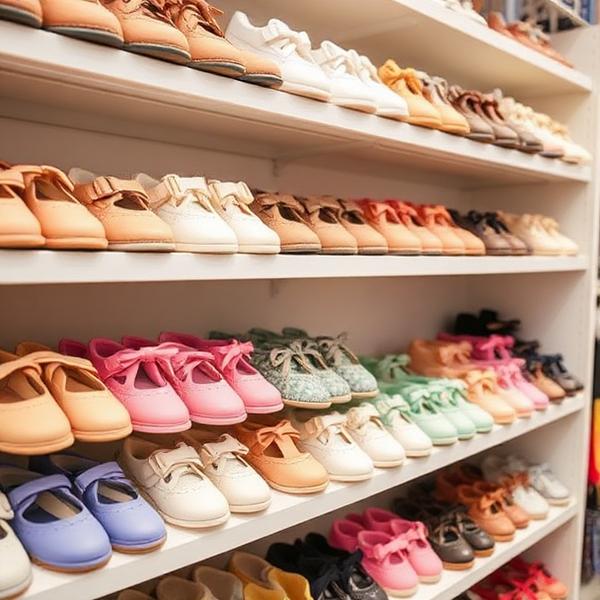 Rows of organized children's shoes