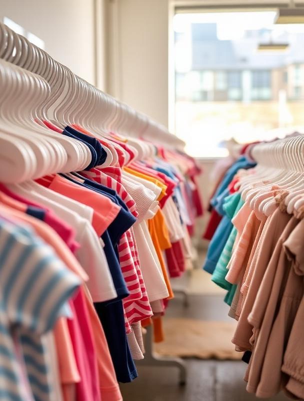 Brightly lit racks of baby clothes